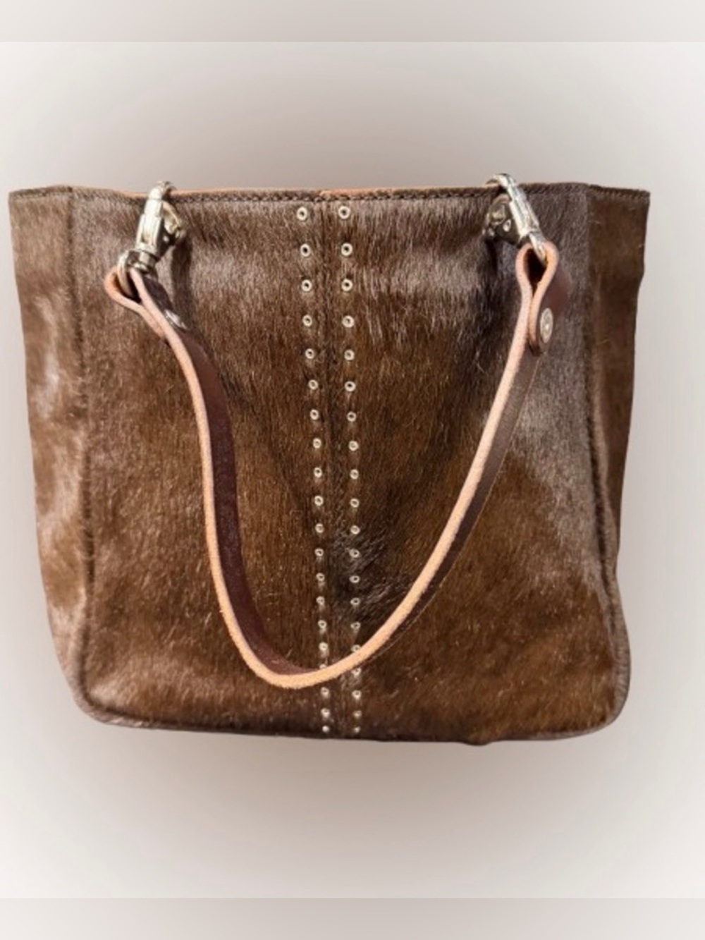 Frank Daniel Italy Hair-On-Hide Leather Tote Brown Studded Western Bag